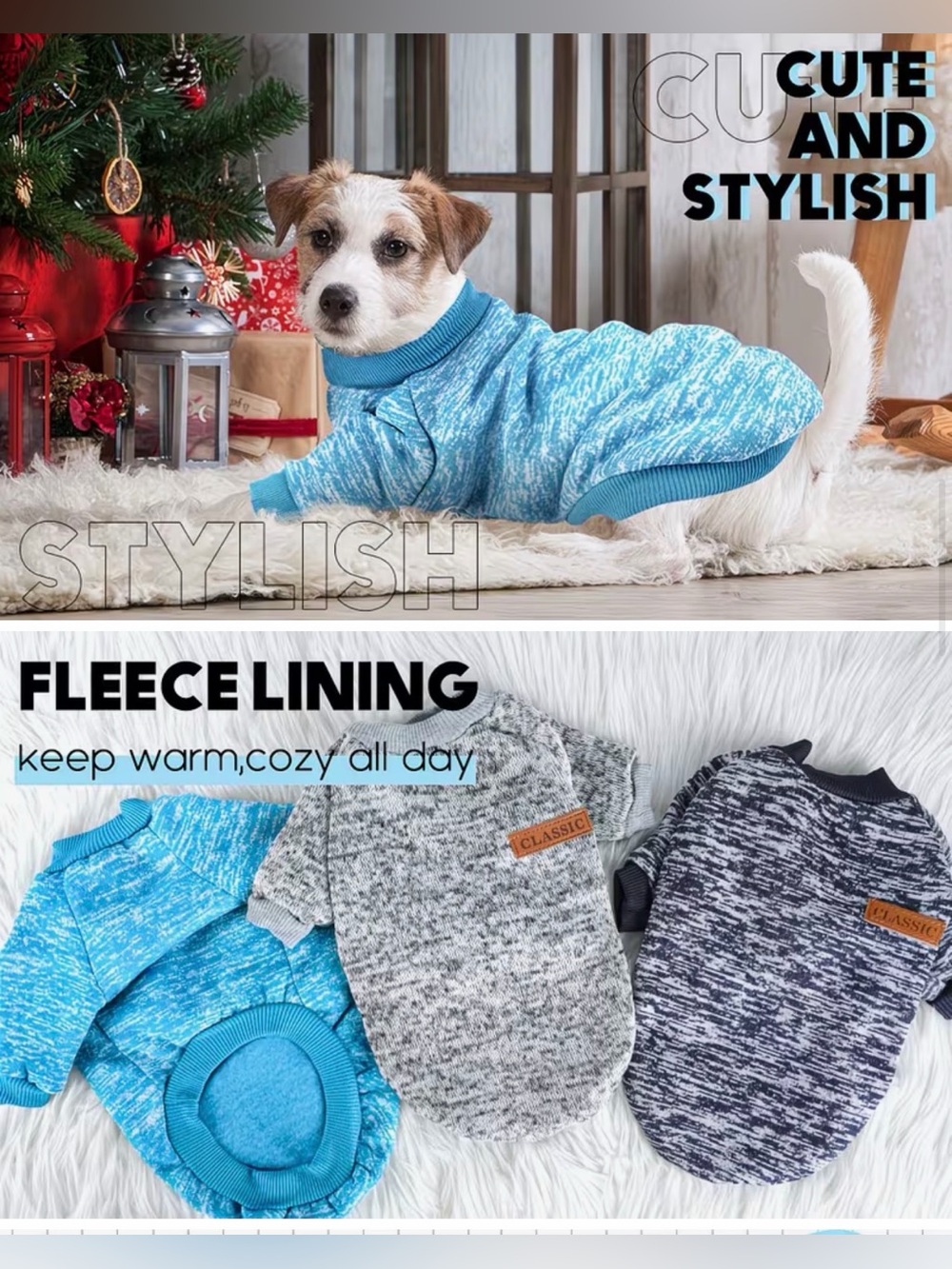 Classic Gray Marled Pet Dog or Cat Fleece Lined Sweater with Logo Patch